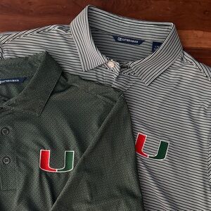 Lot of 2 UM Cutter and Buck Tech Golf Polos L Miami Green Pattern Stripe EUC